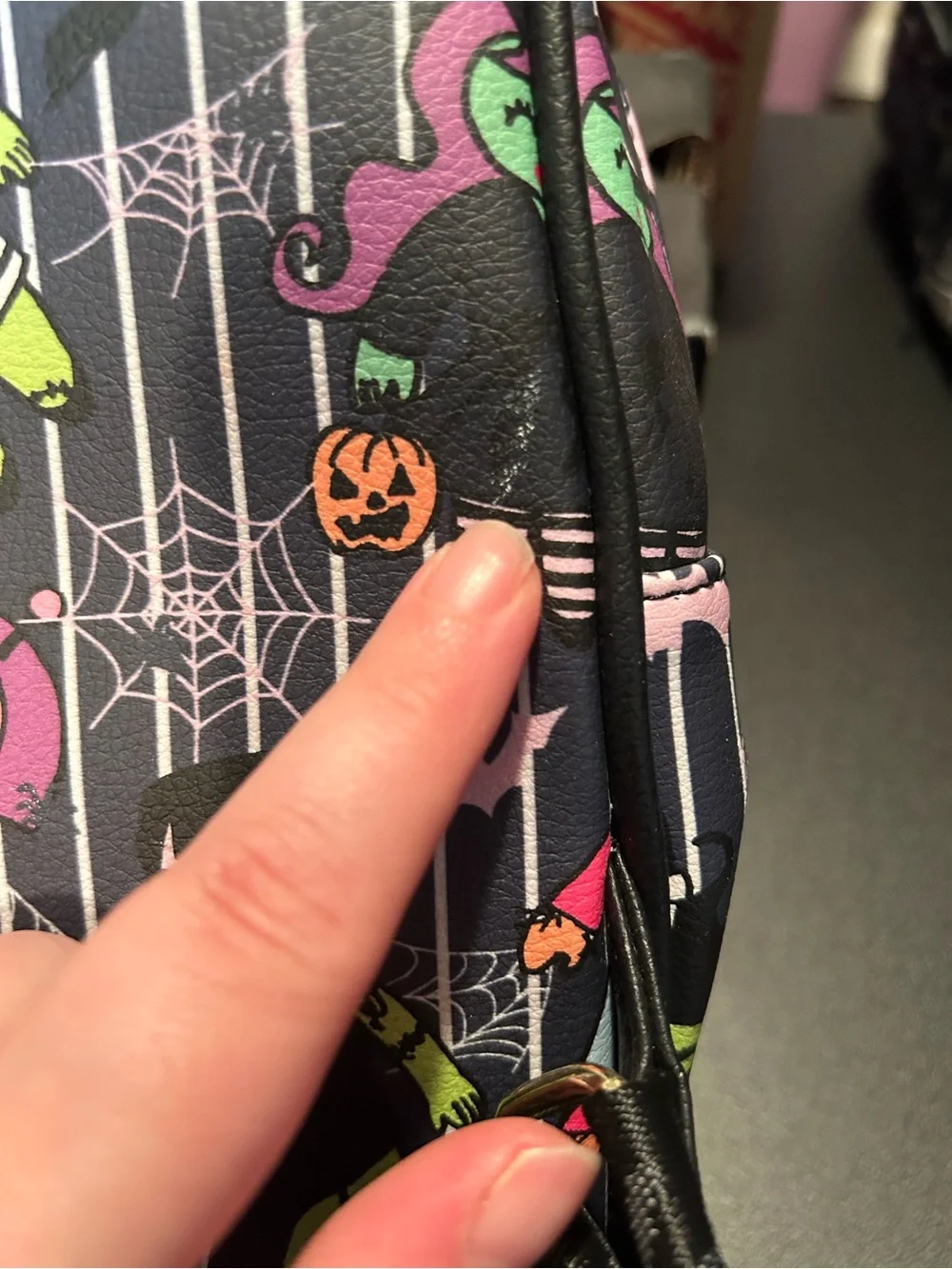 Betsey Johnson Black Mini Backpack with Neon Green & Pink Monster Print